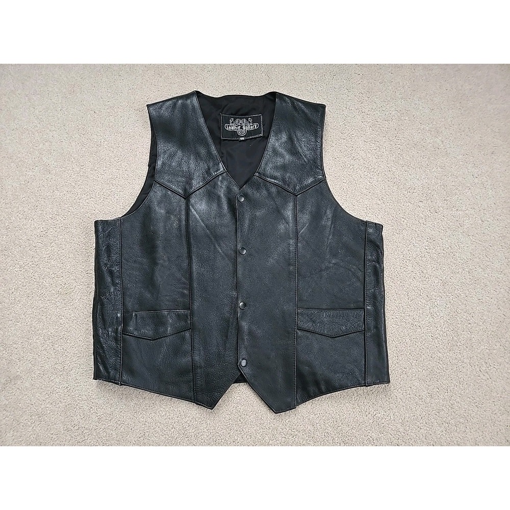 Leather Gallery Men's‎ Black Leather Vest Moto Motorcycle Size 48